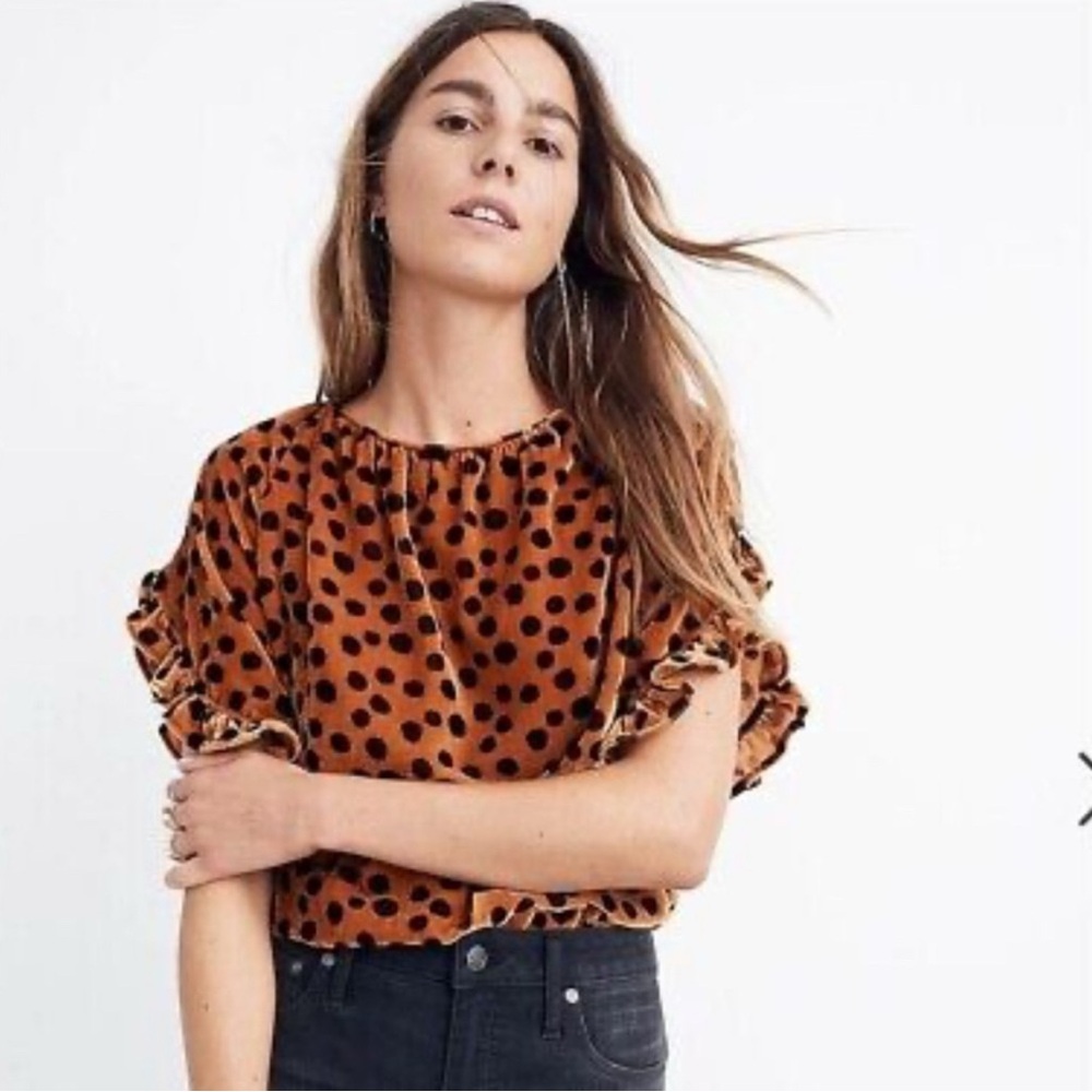 Madewell Velvet Memento ruffle sleeves blouse leopard dot animal print size S